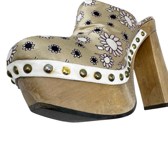 Miu Miu Daisy Floral Platform Clogs Wood Heel Satin Studded Mules Size EU 37.5 - Picture 7 of 12